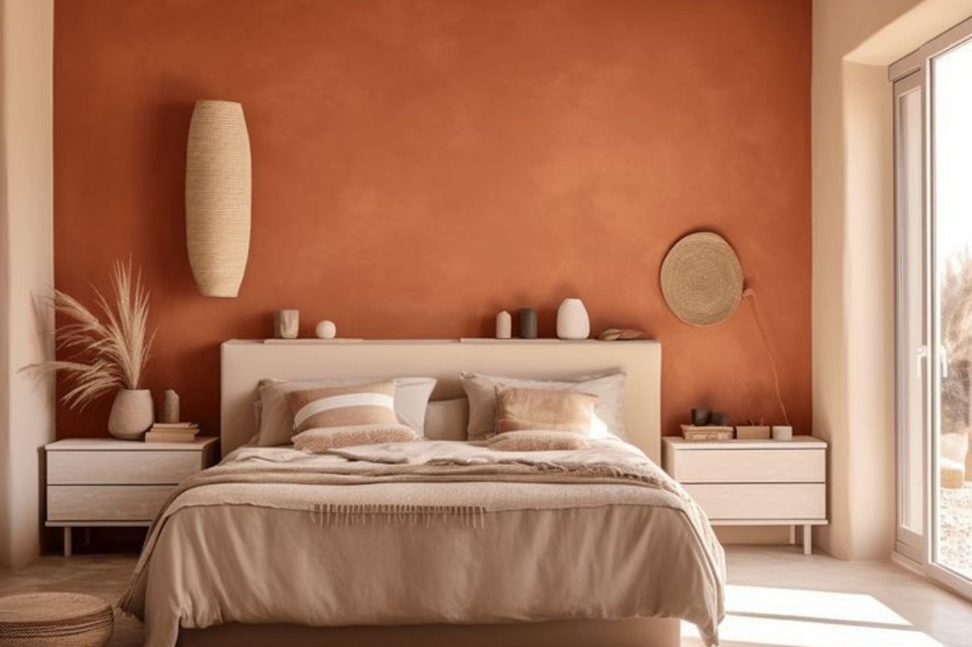 Világos, természetes stílusú hálószoba meleg terrakotta falakkal, inspirációként a földszínes beltéri festékek kedvelőinek.